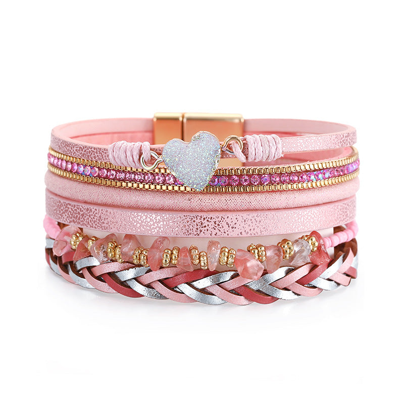 Wholesale Love Retro Hand-woven Leather Multi-layer Diamond-encrusted Ethnic Style Gravel Bracelet